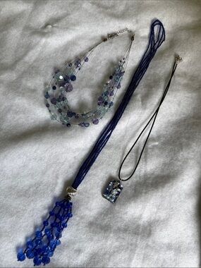 3 Necklaces: Handcrafted Blue Bead Tassel Necklace — Women Jewelry